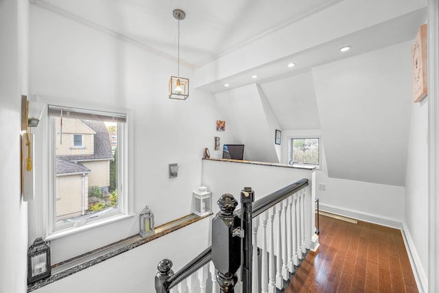1 3rd Pl, Bellmore, NY 11710 - corridor with an upstairs landing, recessed lighting, baseboards, wood finished floors, and lofted ceiling