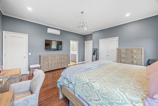 1 3rd Pl, Bellmore, NY 11710 - bedroom with an AC wall unit, wood finished floors, ornamental molding, baseboards, and a chandelier