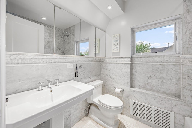 1 3rd Pl, Bellmore, NY 11710 - full bathroom with tile walls, toilet, recessed lighting, and a shower