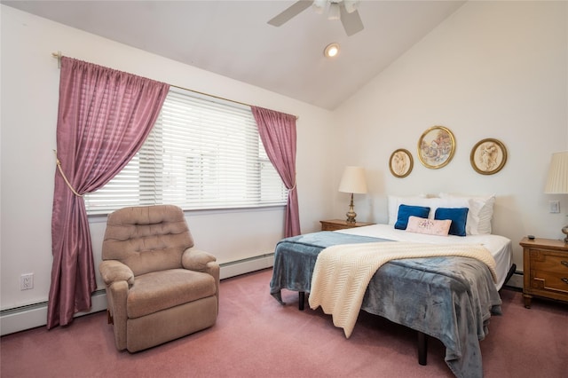 745 Willow Rd, Franklin Square, NY 11010 - bedroom featuring a baseboard heating unit, carpet floors, vaulted ceiling, a ceiling fan, and recessed lighting