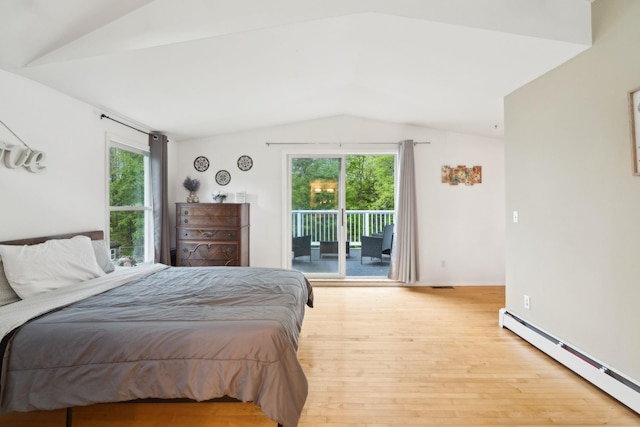 162 Forest Hill Dr, Kingston, NY 12401 - bedroom with a baseboard radiator, lofted ceiling, access to outside, and light wood-style flooring