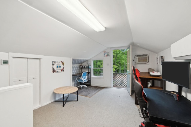 162 Forest Hill Dr, Kingston, NY 12401 - carpeted home office featuring a wall unit AC, vaulted ceiling, and baseboards