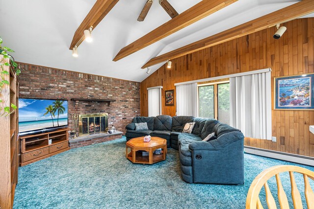 105 Farmers Ave, Plainview, NY 11803 - living area with baseboard heating, carpet flooring, wood walls, a brick fireplace, and brick wall