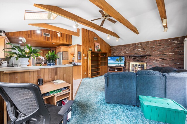 105 Farmers Ave, Plainview, NY 11803 - living room featuring carpet flooring, wooden walls, ceiling fan, and brick wall