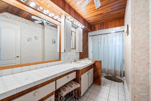 105 Farmers Ave, Plainview, NY 11803 - bathroom featuring tile patterned floors, wooden ceiling, a ceiling fan, vanity, and decorative backsplash