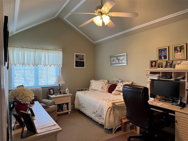 211 Pond Cir, Mount Sinai, NY 11766 - bedroom featuring carpet floors, a desk, vaulted ceiling, crown molding, and ceiling fan