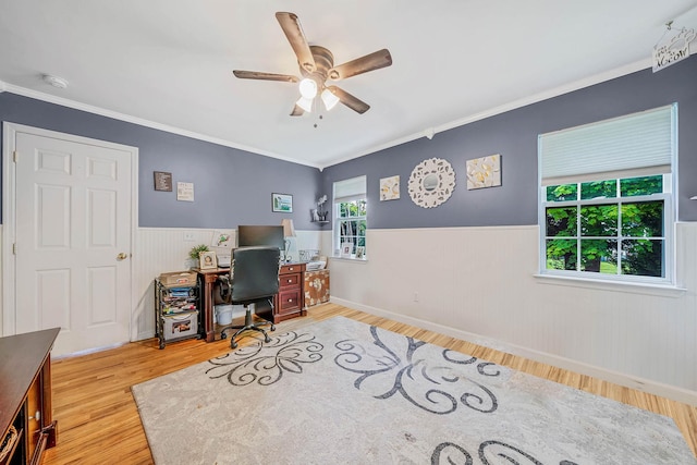 8 Emerald Ct, Moriches, NY 11955 - office featuring wood finished floors, wainscoting, ceiling fan, and ornamental molding
