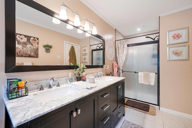 8 Emerald Ct, Moriches, NY 11955 - full bathroom featuring a shower stall, crown molding, tile patterned floors, double vanity, and baseboards