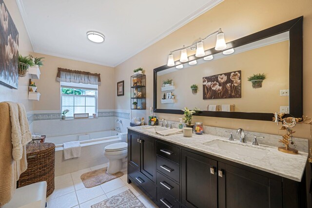 8 Emerald Ct, Moriches, NY 11955 - full bath with tile patterned flooring, a garden tub, double vanity, crown molding, and toilet