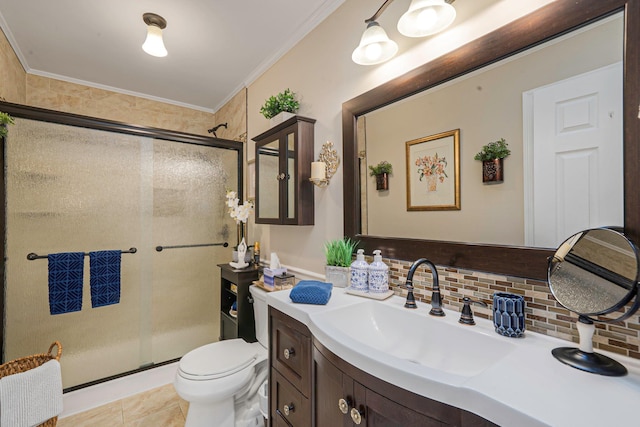 8 Emerald Ct, Moriches, NY 11955 - full bath featuring a shower stall, vanity, toilet, decorative backsplash, and ornamental molding