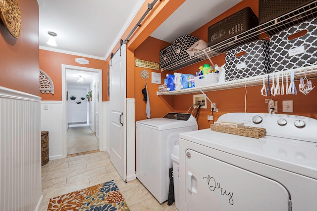 8 Emerald Ct, Moriches, NY 11955 - laundry area featuring separate washer and dryer, ornamental molding, a barn door, and a wainscoted wall