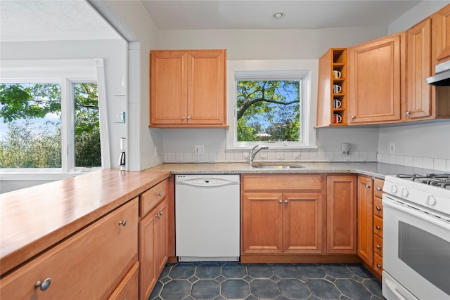 55 W End Ave, East Quogue, NY 11942 - kitchen with white appliances, a sink, healthy amount of natural light, and open shelves