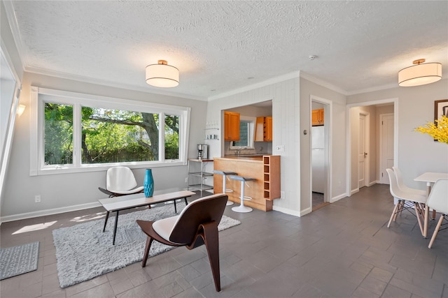 55 W End Ave, East Quogue, NY 11942 - dining space with crown molding, a textured ceiling, and baseboards