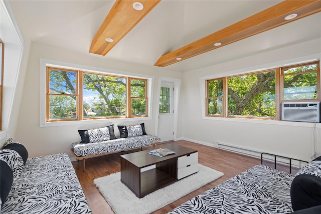 55 W End Ave, East Quogue, NY 11942 - living room featuring cooling unit, recessed lighting, a baseboard heating unit, wood finished floors, and baseboards
