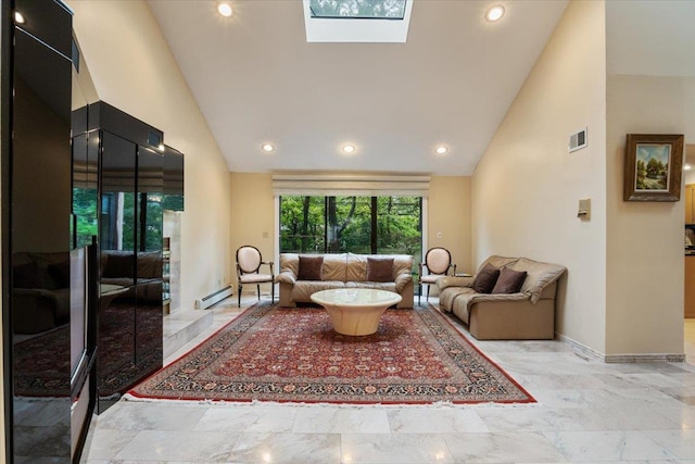 29 Sunset Rd S, Albertson, NY 11507 - living room featuring high vaulted ceiling, a baseboard heating unit, a skylight, baseboards, and recessed lighting