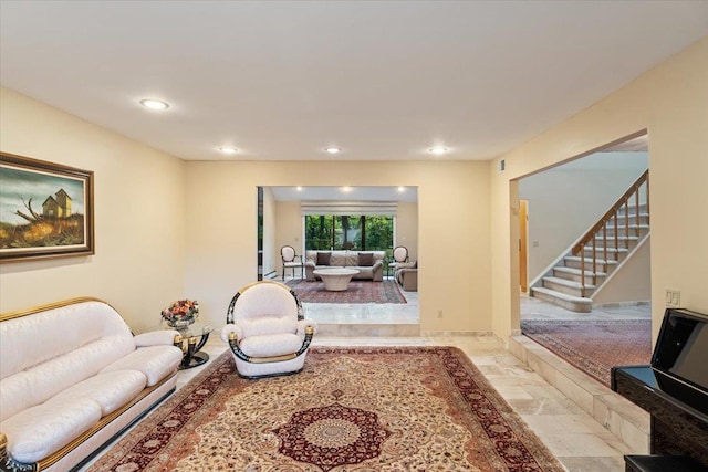 29 Sunset Rd S, Albertson, NY 11507 - living room featuring stairs, recessed lighting, and marble finish flooring