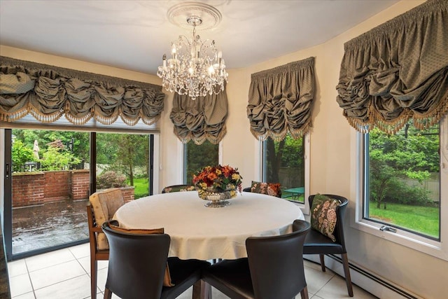 29 Sunset Rd S, Albertson, NY 11507 - dining area with light tile patterned floors, a baseboard radiator, a chandelier, and healthy amount of natural light