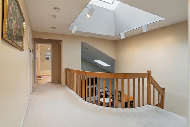 29 Sunset Rd S, Albertson, NY 11507 - hall with an upstairs landing, a skylight, carpet, and baseboards