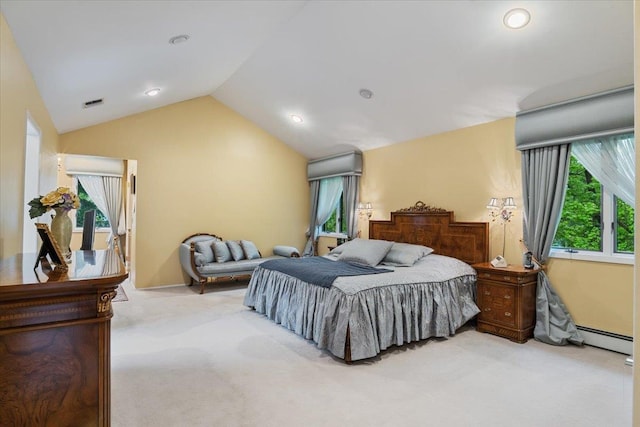 29 Sunset Rd S, Albertson, NY 11507 - carpeted bedroom featuring vaulted ceiling, a baseboard heating unit, and recessed lighting