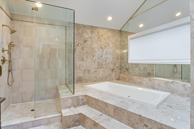 29 Sunset Rd S, Albertson, NY 11507 - bathroom with a garden tub, tiled shower, and recessed lighting