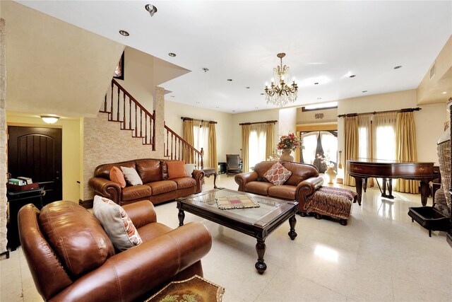 186-31 Radnor Rd, Jamaica Estates, NY 11432 - living room featuring plenty of natural light, stairs, a chandelier, and recessed lighting