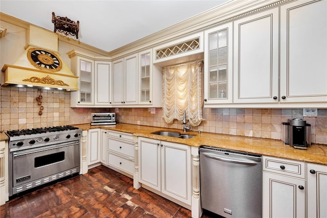 186-31 Radnor Rd, Jamaica Estates, NY 11432 - kitchen with appliances with stainless steel finishes, a sink, custom range hood, and decorative backsplash