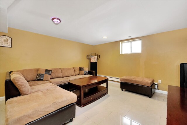 186-31 Radnor Rd, Jamaica Estates, NY 11432 - living area with baseboard heating, baseboards, recessed lighting, and light tile patterned floors