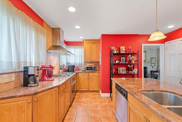 33-82 159th St, Flushing, NY 11358 - kitchen featuring appliances with stainless steel finishes, island exhaust hood, tasteful backsplash, a sink, and recessed lighting