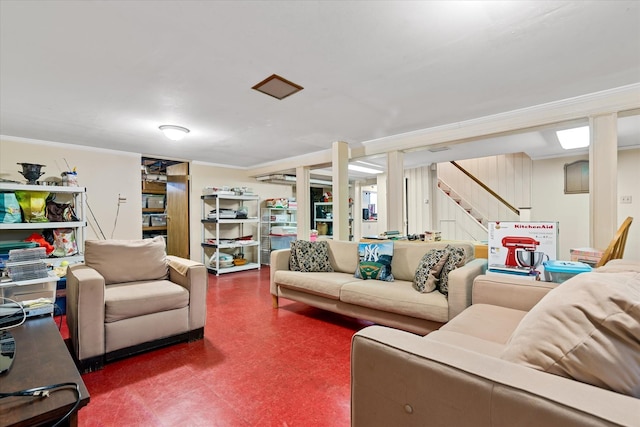 33-82 159th St, Flushing, NY 11358 - living room with tile patterned floors, crown molding, and stairway