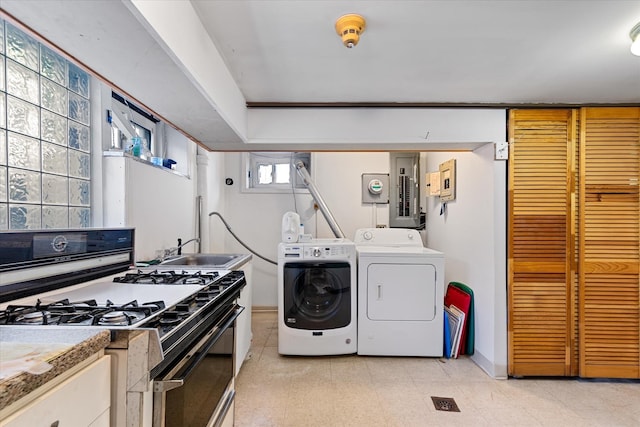 33-82 159th St, Flushing, NY 11358 - kitchen with gas range oven, electric panel, a sink, independent washer and dryer, and baseboards