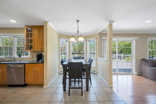 7 Ellbridge Ct, South Setauket, NY 11720 - dining space with a baseboard radiator, ornamental molding, a chandelier, baseboards, and recessed lighting