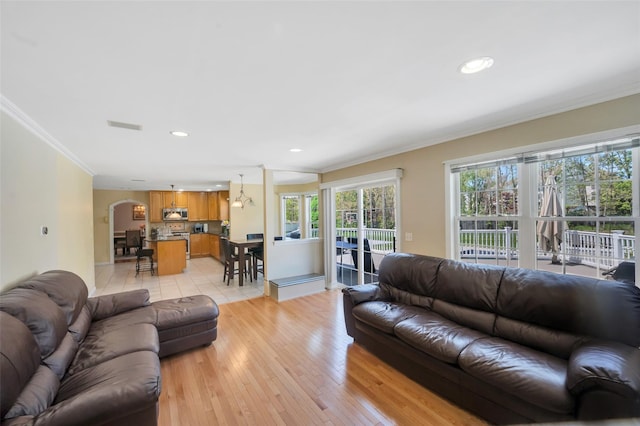 7 Ellbridge Ct, South Setauket, NY 11720 - living area featuring ornamental molding, healthy amount of natural light, recessed lighting, light wood-style floors, and arched walkways