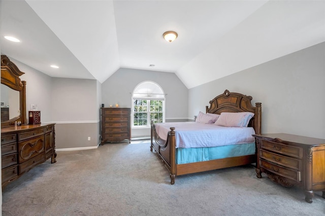 7 Ellbridge Ct, South Setauket, NY 11720 - bedroom with carpet flooring, baseboard heating, lofted ceiling, baseboards, and recessed lighting