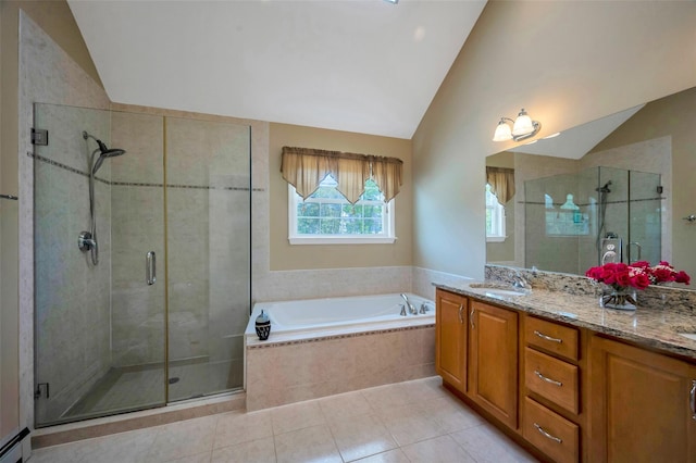 7 Ellbridge Ct, South Setauket, NY 11720 - full bath featuring lofted ceiling, a bath, a stall shower, tile patterned floors, and vanity