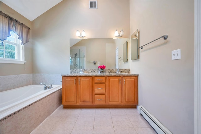 7 Ellbridge Ct, South Setauket, NY 11720 - bathroom with baseboard heating, a stall shower, tile patterned flooring, a garden tub, and double vanity