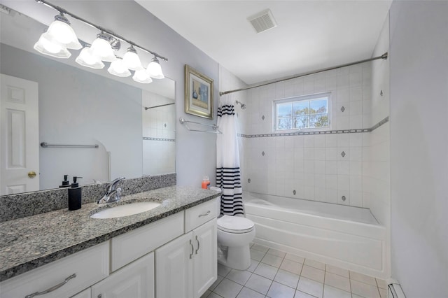 7 Ellbridge Ct, South Setauket, NY 11720 - full bath with tile patterned flooring, shower / bath combo with shower curtain, toilet, vanity, and a baseboard heating unit