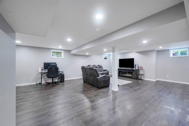 7 Ellbridge Ct, South Setauket, NY 11720 - living area featuring wood finished floors, a desk, baseboards, and recessed lighting