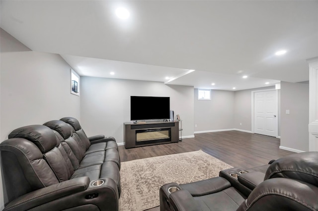 7 Ellbridge Ct, South Setauket, NY 11720 - living room featuring dark wood-type flooring, recessed lighting, and baseboards