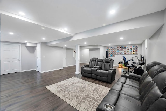 7 Ellbridge Ct, South Setauket, NY 11720 - living area with dark wood-style floors, baseboards, and recessed lighting