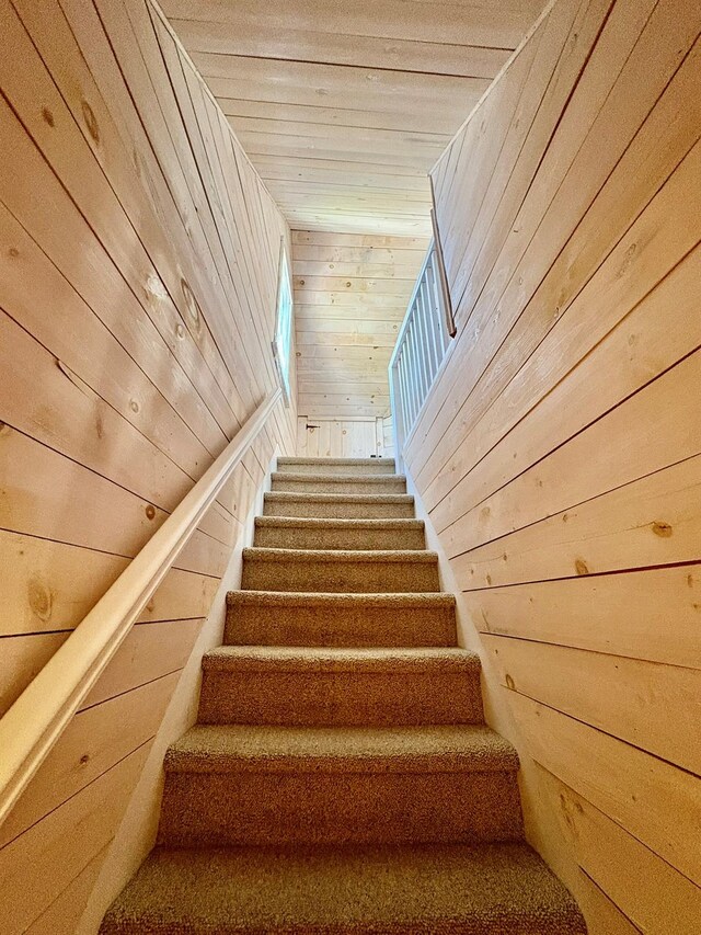 stairs with wooden walls and wood ceiling