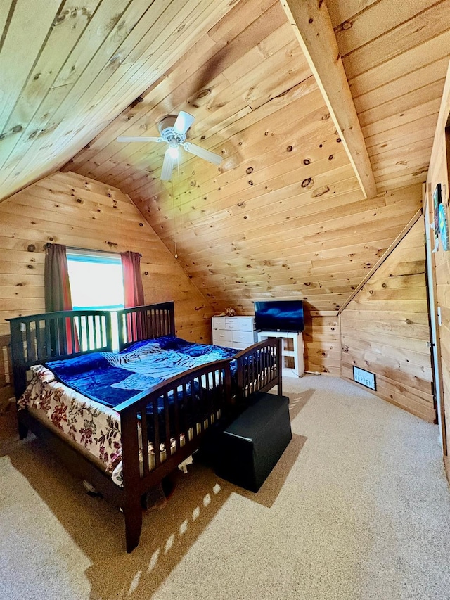 carpeted bedroom featuring wooden walls, wood ceiling, and lofted ceiling