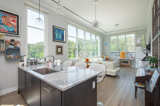 kitchen featuring a sink, light wood-style flooring, crown molding, decorative light fixtures, and baseboards