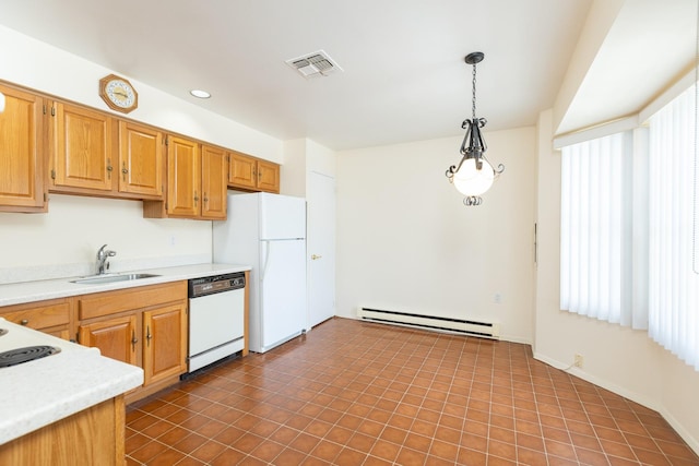133 Revere Dr, Sayville, NY 11782 - kitchen featuring white appliances, a baseboard radiator, a sink, light countertops, and hanging light fixtures