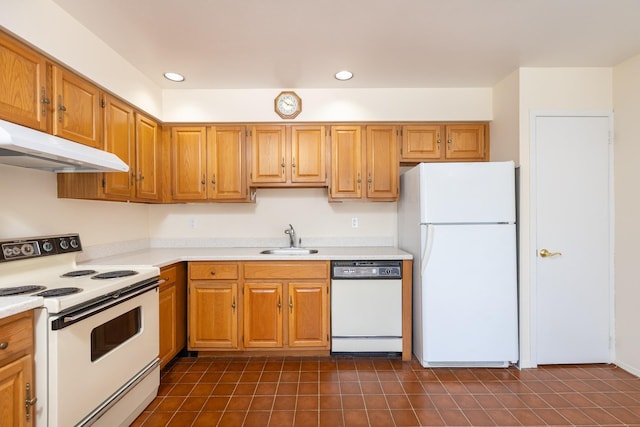 133 Revere Dr, Sayville, NY 11782 - kitchen with white appliances, a sink, under cabinet range hood, light countertops, and recessed lighting