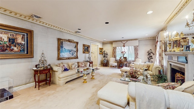 202 Broadway, Lawrence, NY 11559 - carpeted living area featuring a fireplace, recessed lighting, and ornamental molding