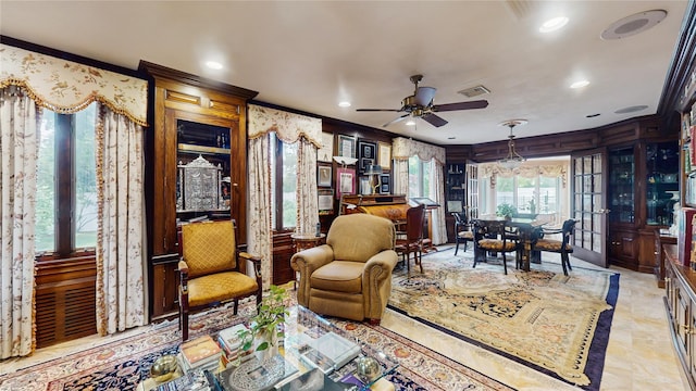 202 Broadway, Lawrence, NY 11559 - sitting room featuring crown molding, a ceiling fan, and recessed lighting