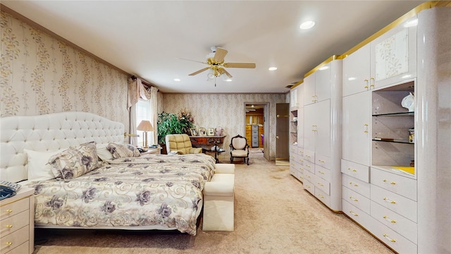 202 Broadway, Lawrence, NY 11559 - bedroom with wallpapered walls, light colored carpet, recessed lighting, and a ceiling fan