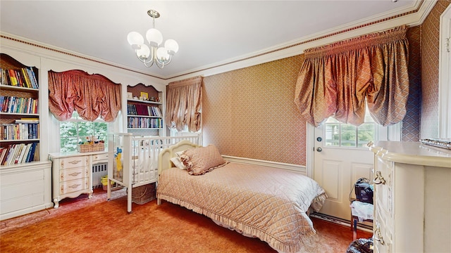202 Broadway, Lawrence, NY 11559 - bedroom with radiator heating unit, a chandelier, ornamental molding, carpet floors, and wallpapered walls