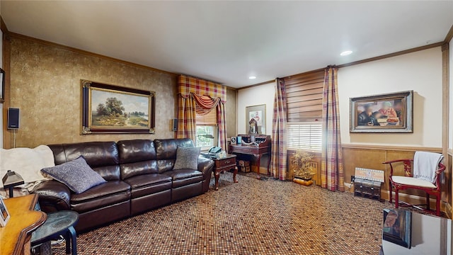 202 Broadway, Lawrence, NY 11559 - living room with ornamental molding, carpet flooring, and recessed lighting