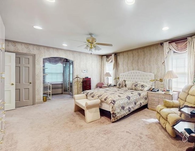 202 Broadway, Lawrence, NY 11559 - bedroom featuring carpet, wallpapered walls, ceiling fan, and recessed lighting